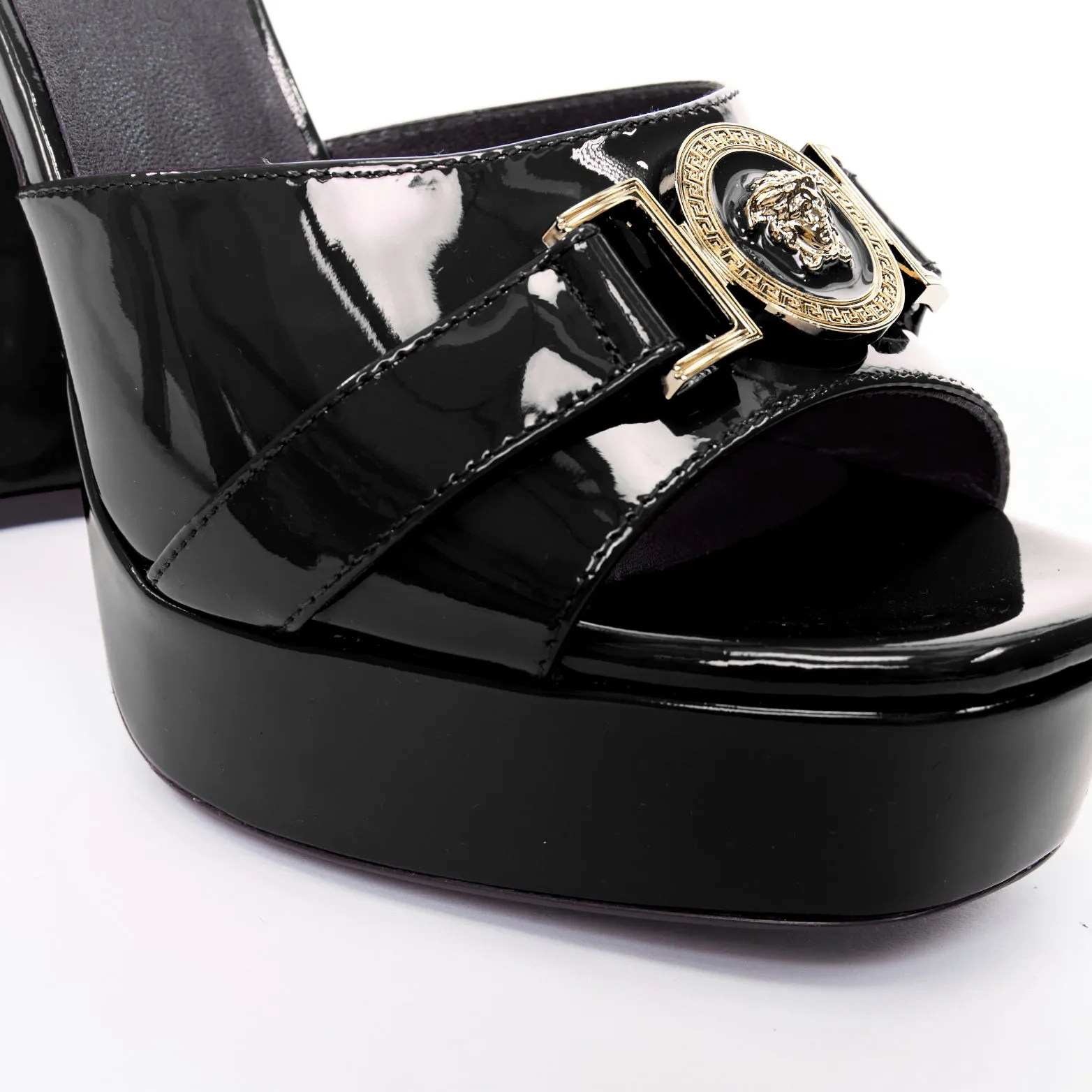 VERSACE Tribute black patent gold Medusa open toe platform sandal EU39