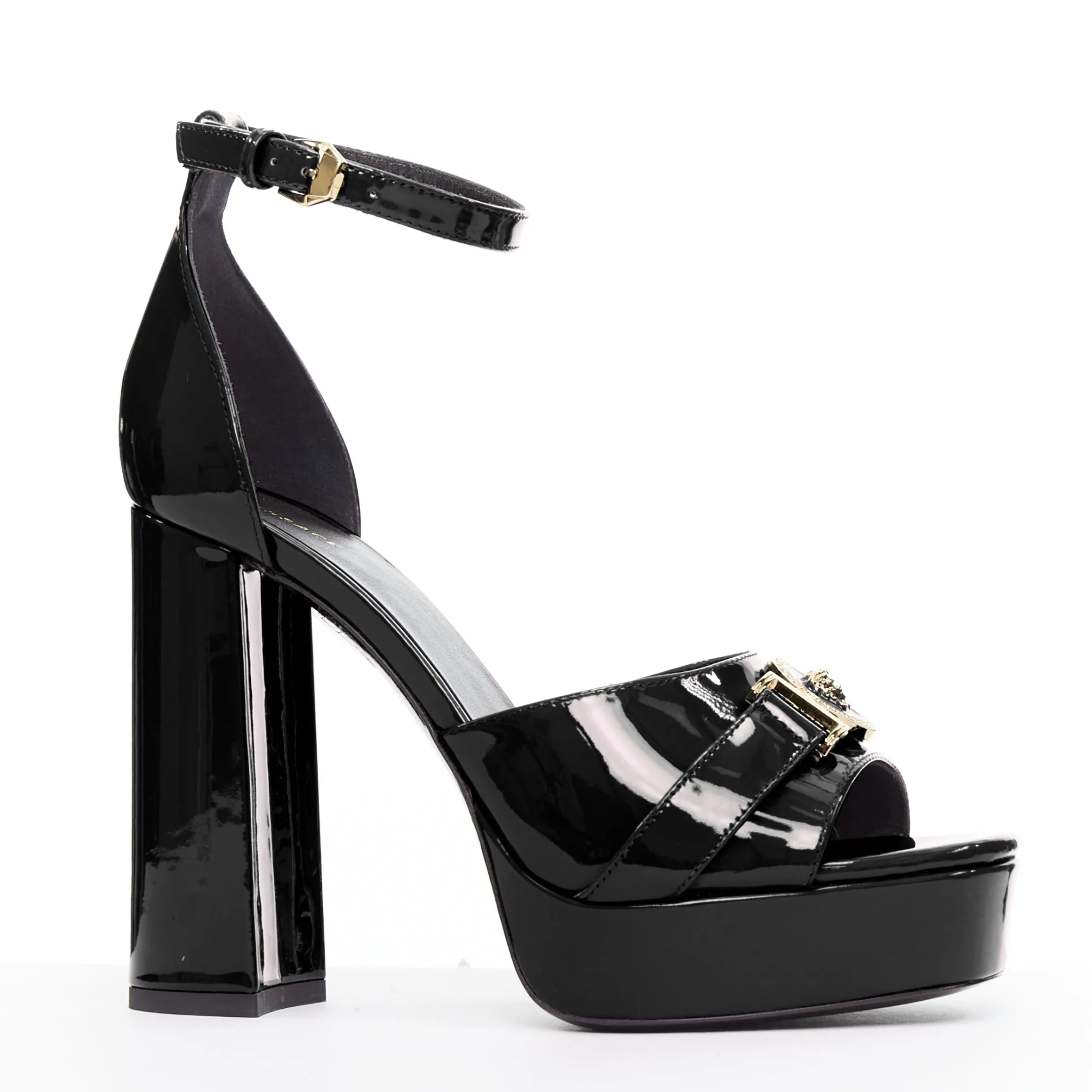 VERSACE Tribute black patent gold Medusa open toe platform sandal EU39