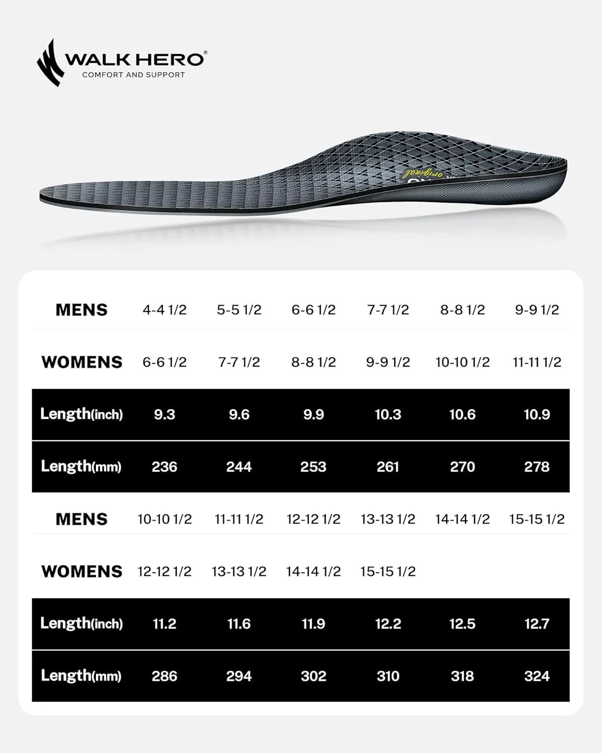 Walkhero Plantar Fasciitis Inserts - Arch Support Orthotic Insoles for Flat Foot and Foot Pain, Everyday Comfort and Support (Mens 7-7 1/2 | Womens 9-9 1/2 Gray)
