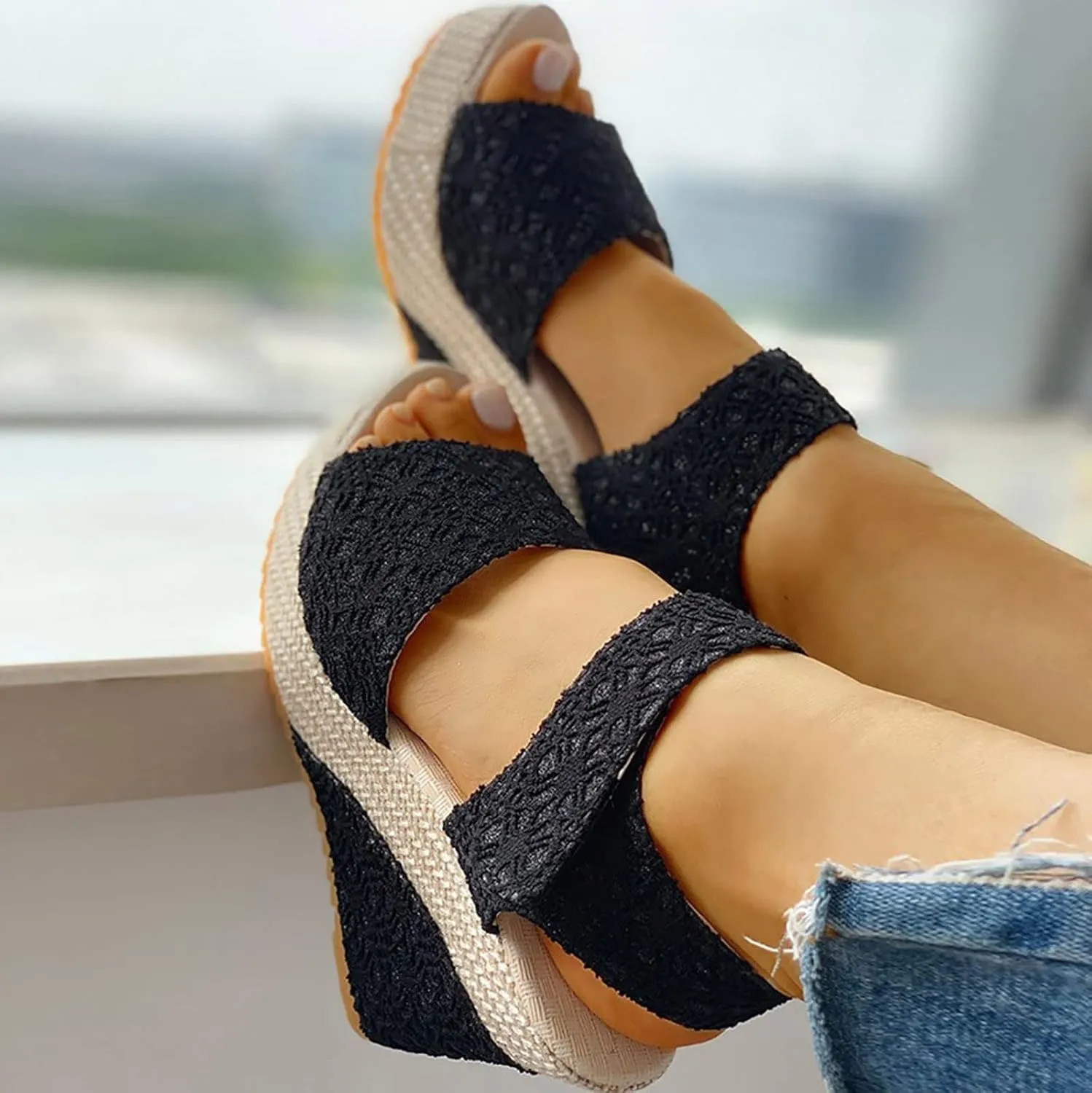 Wedge Sandals Fashion Non Slip High Heel Wedges Open Toe Espadrilles Dressy Platform Sandals Hook and Loop Fastener Walking Shoes Concise Casual Summer Womens Shoes