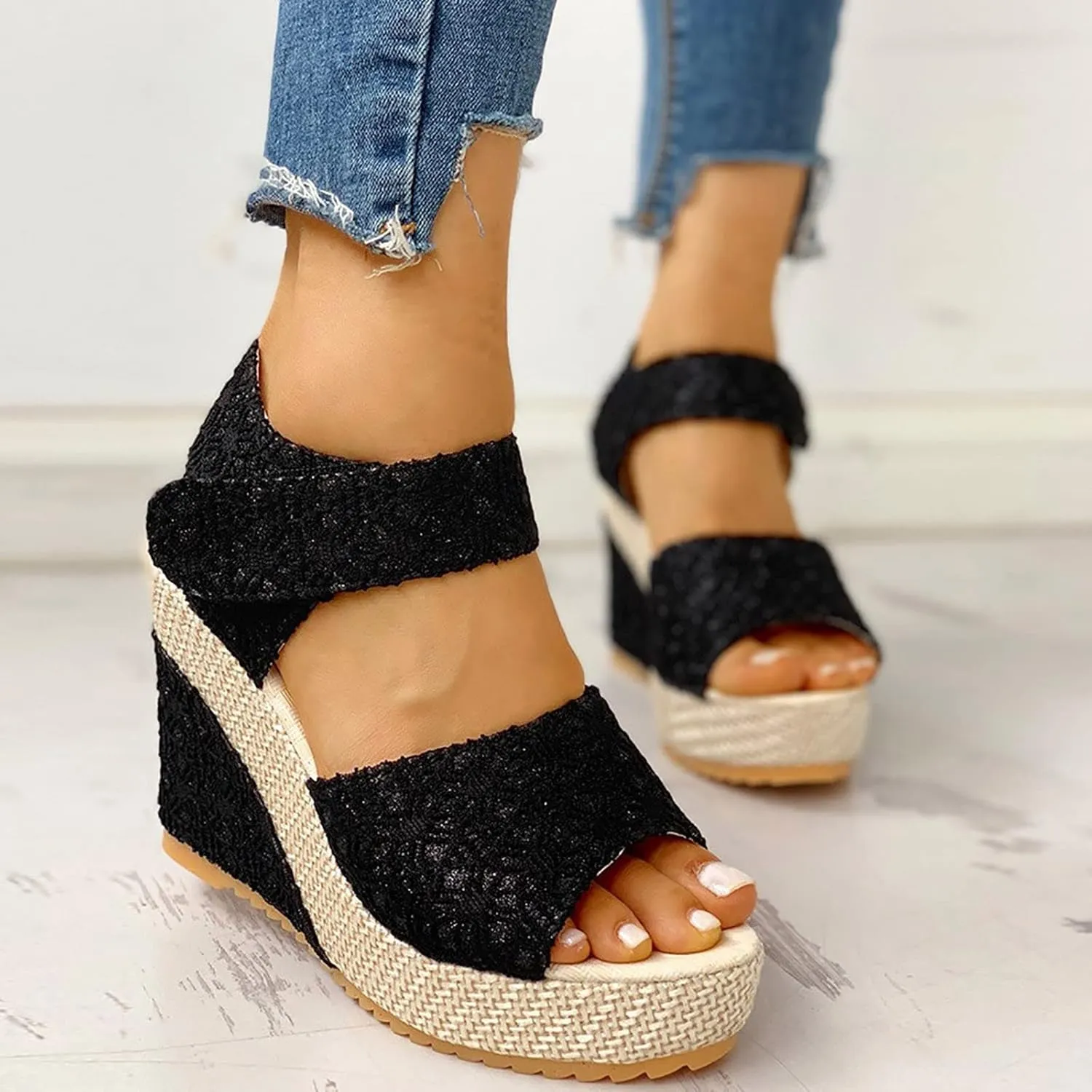 Wedge Sandals Fashion Non Slip High Heel Wedges Open Toe Espadrilles Dressy Platform Sandals Hook and Loop Fastener Walking Shoes Concise Casual Summer Womens Shoes