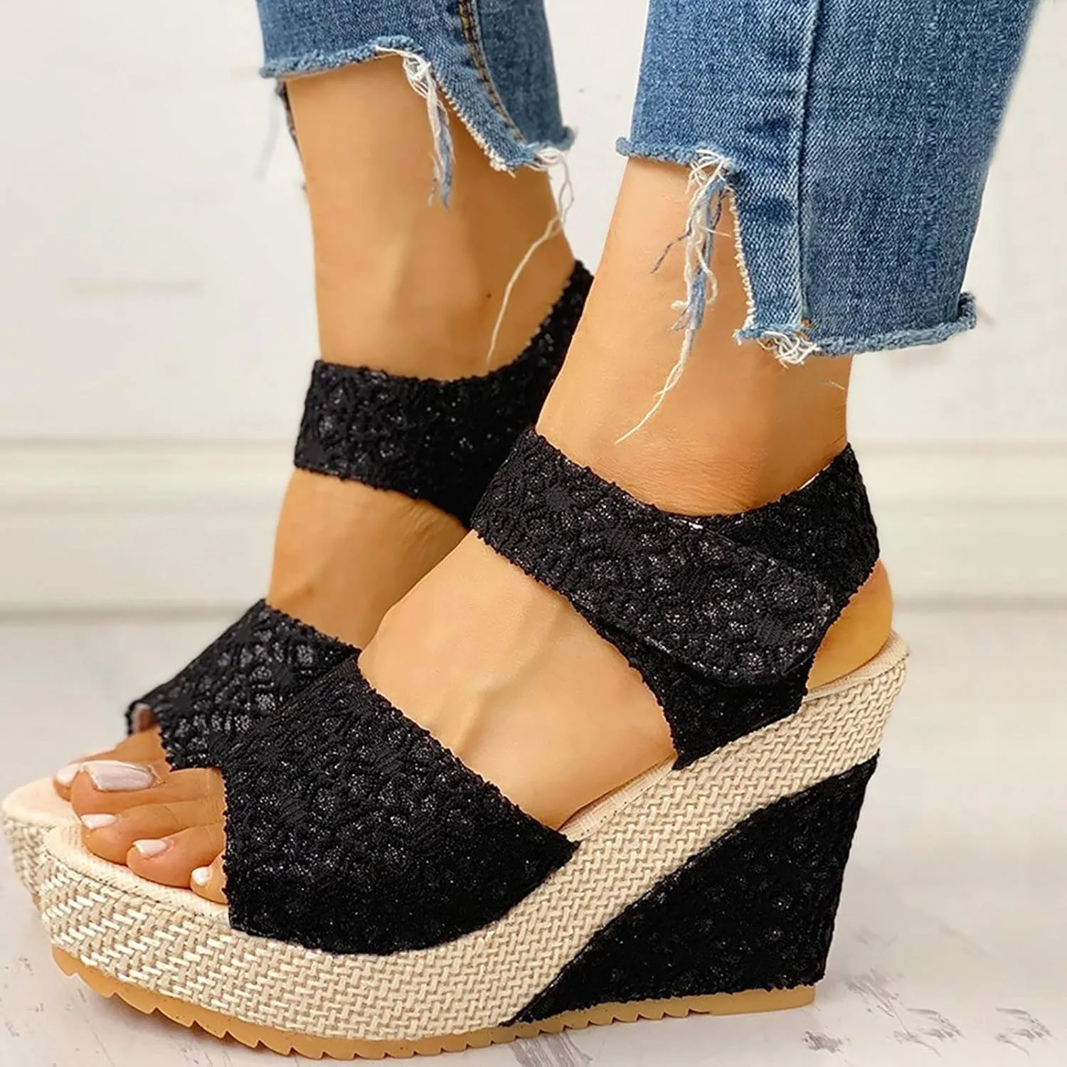 Wedge Sandals Fashion Non Slip High Heel Wedges Open Toe Espadrilles Dressy Platform Sandals Hook and Loop Fastener Walking Shoes Concise Casual Summer Womens Shoes