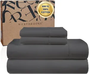 WESTBROOKE Lush Sateen 100% Cotton Sheet Set | King Size Sateen Sheets - 4 Piece Long Staple Cotton Bedding Set with Elasticized 15.5" Deep Pocket - Soft, Breathable Luxury Sheets - Dark Grey
