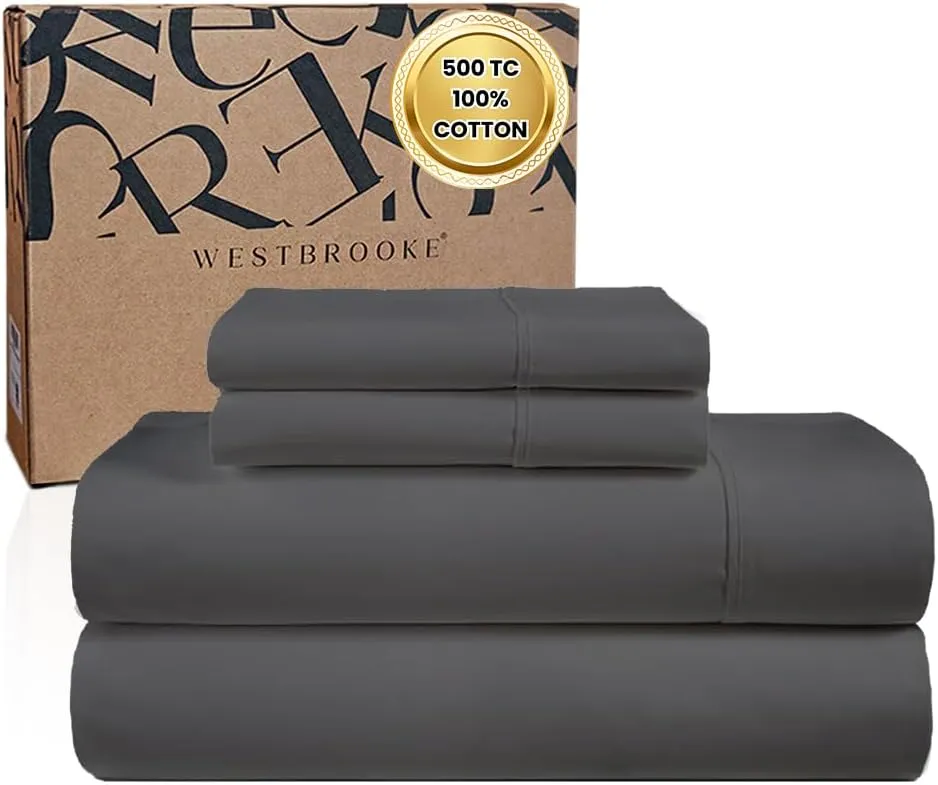 WESTBROOKE Lush Sateen 100% Cotton Sheet Set | King Size Sateen Sheets - 4 Piece Long Staple Cotton Bedding Set with Elasticized 15.5" Deep Pocket - Soft, Breathable Luxury Sheets - Dark Grey