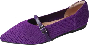 Women Knitted Striped Pointed Toe Mary Jane Flats with Adjustable Ankle Strap Comfort Casual Breathable Lightweight Washable Walking Shoes Dressy Ballet Flats for Office Dating