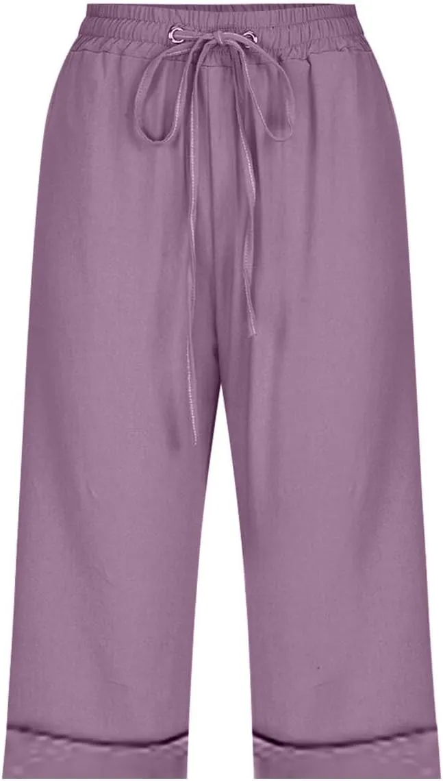 Women Wide Leg Linen Pants Summer High Waisted Palazzo Pants Drawstring Loose Fit Flowy Trousers with Pockets