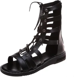 Women's Cargo Orthopedic Lace Up Roman Studded Gladiator Sandals,Fashion Rhinestone Comfy Flats Breathable Ankle Strappy Zipper Outdoor Dressy Sandals Beach Shoes