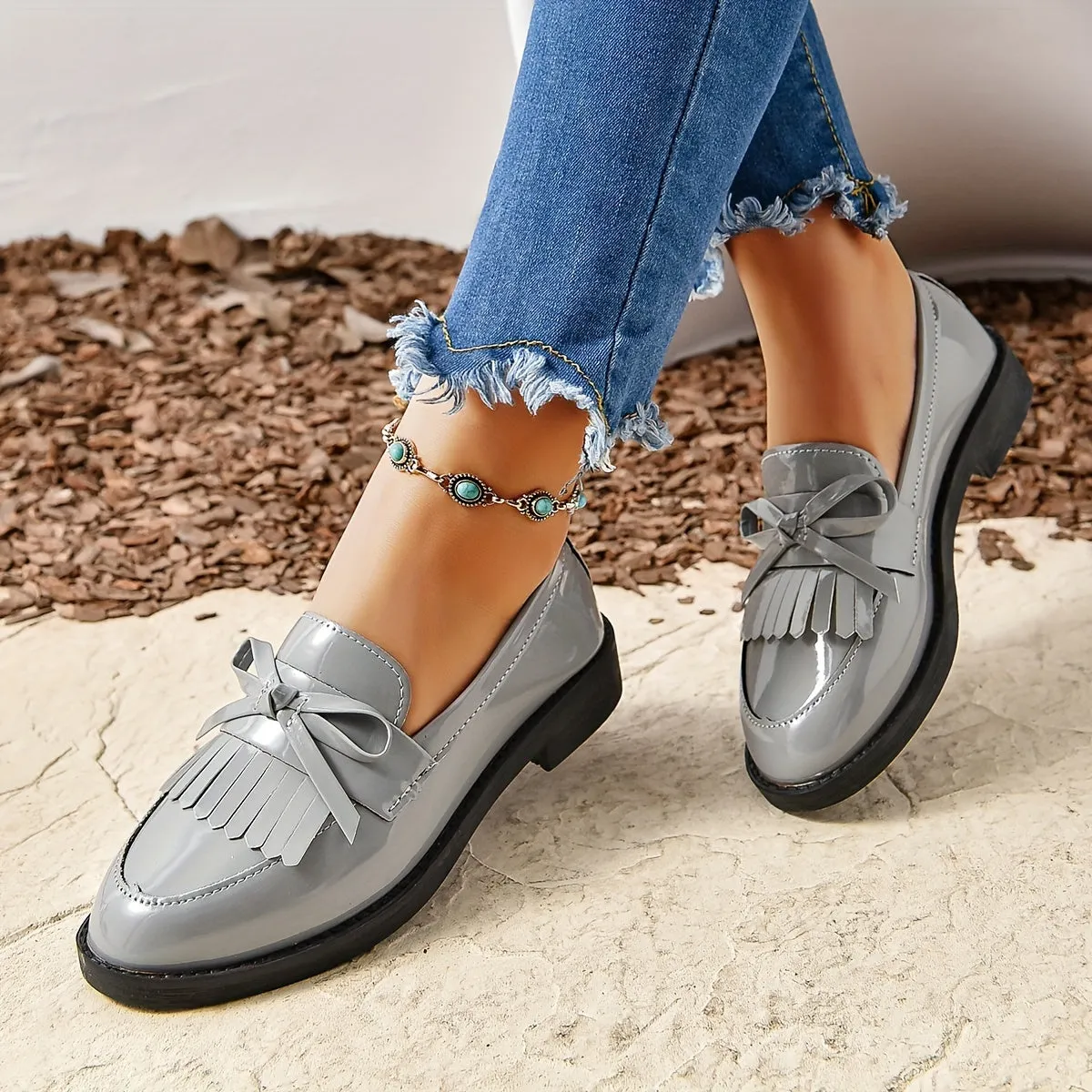 Womens Chic Chunky Heel Tassel Loafers  Effortless SlipOn Preppy Shoes