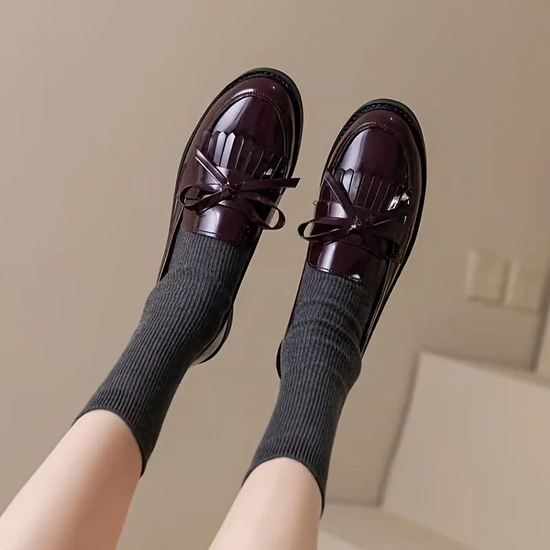 Womens Chic Chunky Heel Tassel Loafers  Effortless SlipOn Preppy Shoes