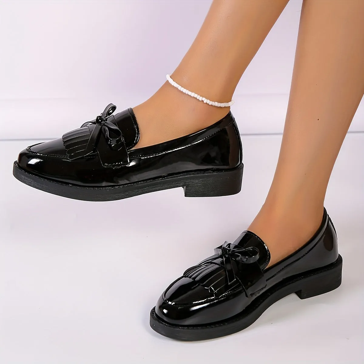 Womens Chic Chunky Heel Tassel Loafers  Effortless SlipOn Preppy Shoes