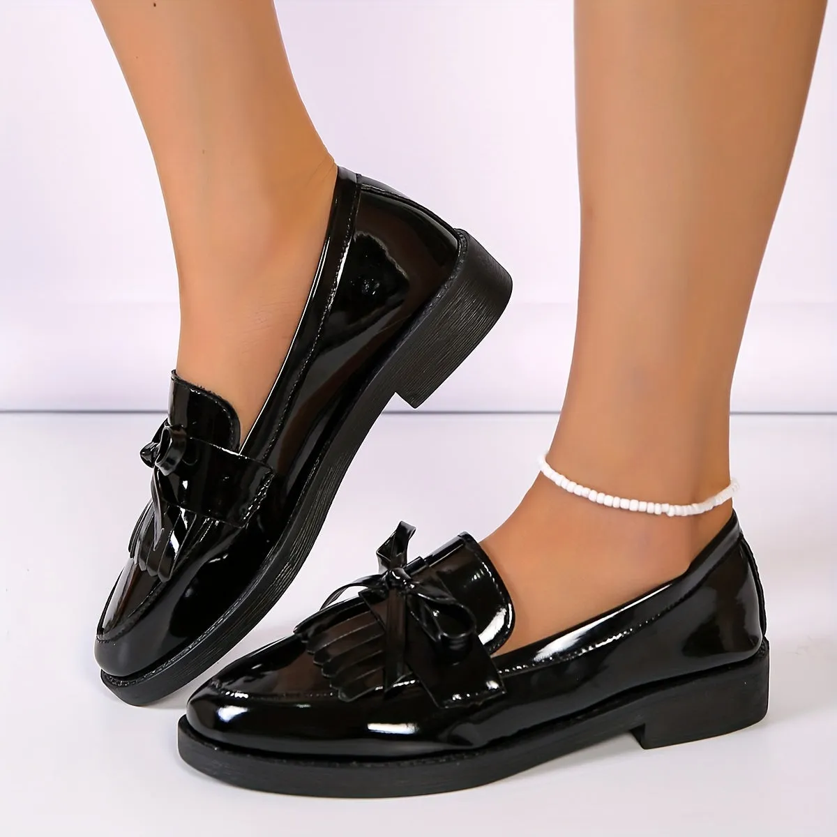 Womens Chic Chunky Heel Tassel Loafers  Effortless SlipOn Preppy Shoes