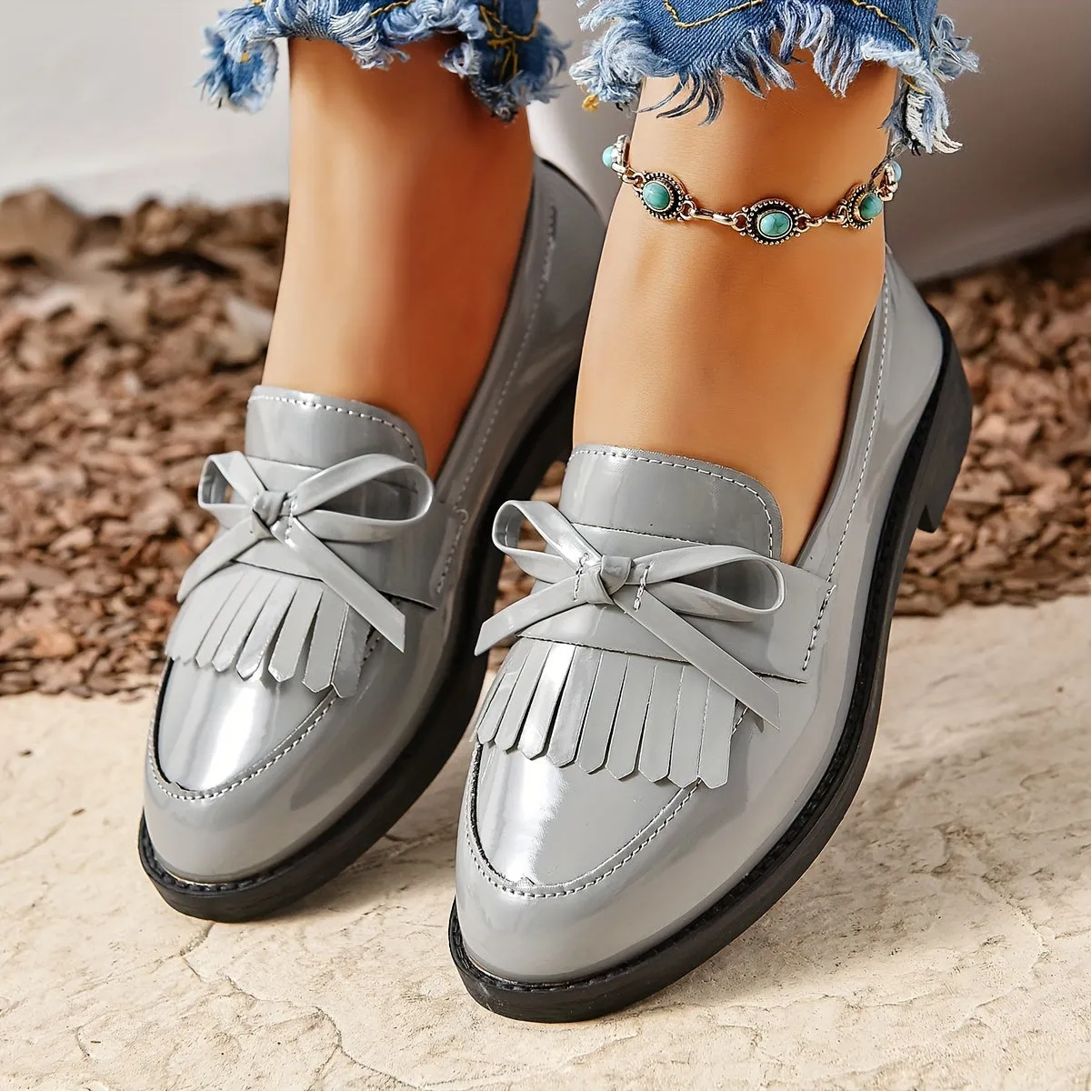 Womens Chic Chunky Heel Tassel Loafers  Effortless SlipOn Preppy Shoes
