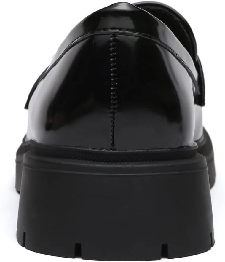 Women's Chunky Platform Loafers with Chain or Buckle Patent Leather Black Penny Loafers Fashion Office Shoes School Dress Shoes Comfort Slip-on