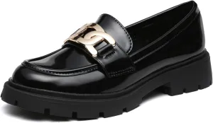Women's Chunky Platform Loafers with Chain or Buckle Patent Leather Black Penny Loafers Fashion Office Shoes School Dress Shoes Comfort Slip-on