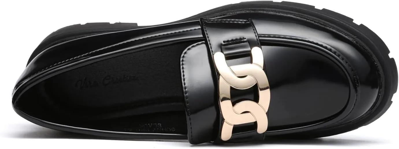 Women's Chunky Platform Loafers with Chain or Buckle Patent Leather Black Penny Loafers Fashion Office Shoes School Dress Shoes Comfort Slip-on