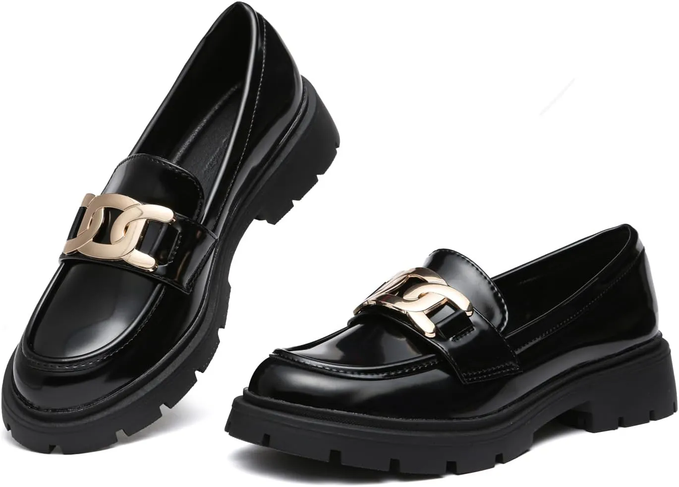 Women's Chunky Platform Loafers with Chain or Buckle Patent Leather Black Penny Loafers Fashion Office Shoes School Dress Shoes Comfort Slip-on