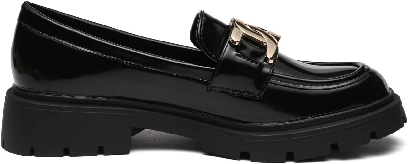 Women's Chunky Platform Loafers with Chain or Buckle Patent Leather Black Penny Loafers Fashion Office Shoes School Dress Shoes Comfort Slip-on