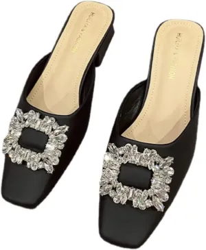 Womens Closed Square Head Mule Sandals with Rhinestone Thick Heeled High Heels Bridal Evening Party Wedding Satin Dress Shoes Backless Slip on Slides Loafer Shoes
