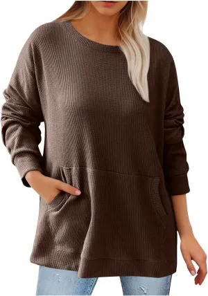 Womens Fall Fashion Sweatshirts 2024 Long Sleeve Crewneck Waffle Sweatshirt Casual Loose Solid Pullover Tops