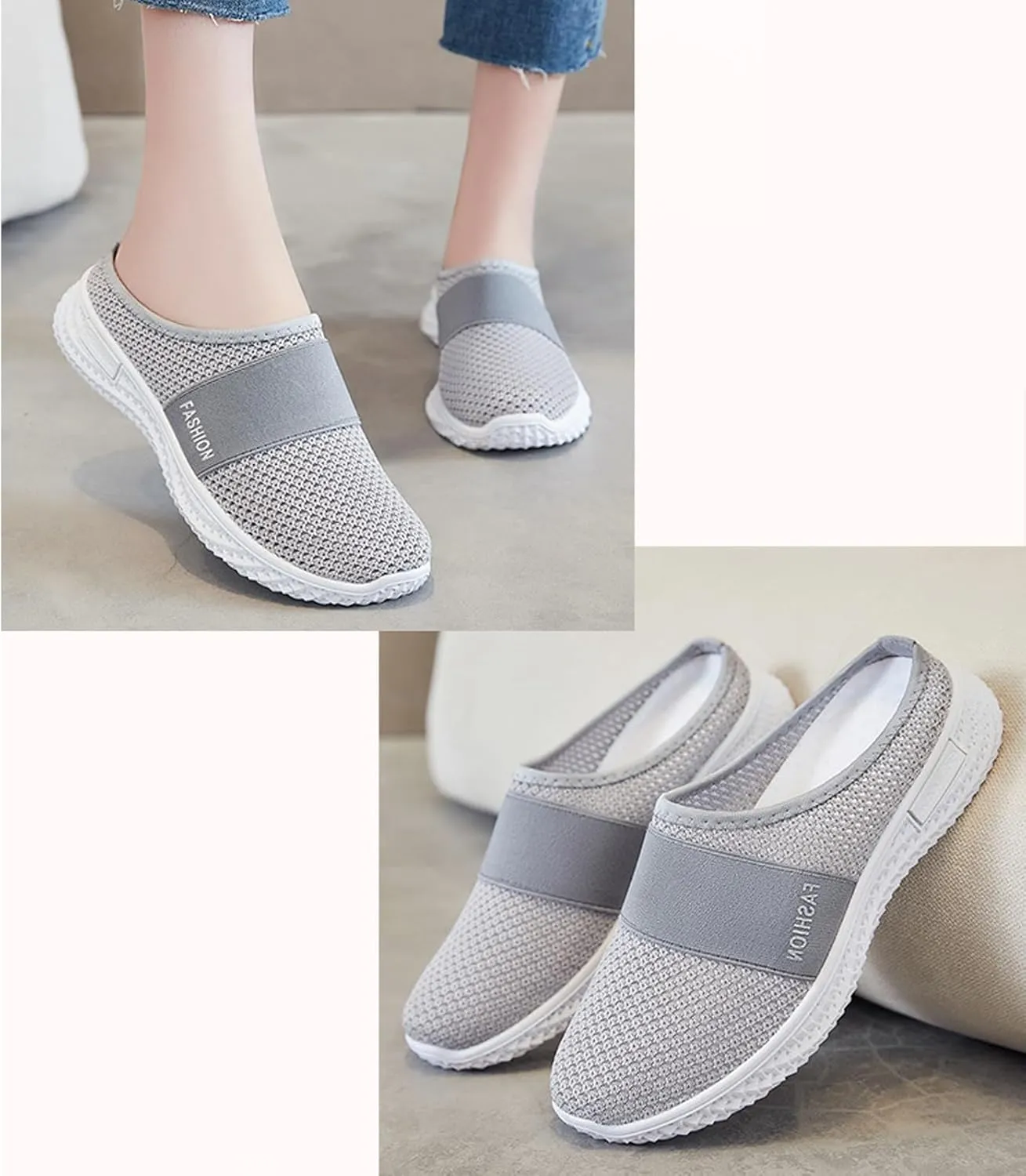 Women's Knitted Mesh Flat Mules Breathable Orthopedic Diabetic Shoes Comfort Backless Walking Sneakers Closed Toe Slip On Slides Soft Soles Non-Slip Mule Shoes with Arch-Support