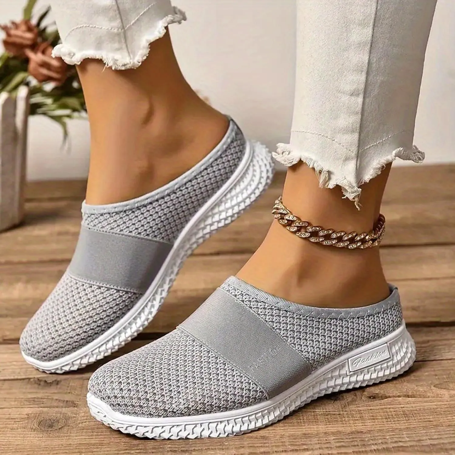 Women's Knitted Mesh Flat Mules Breathable Orthopedic Diabetic Shoes Comfort Backless Walking Sneakers Closed Toe Slip On Slides Soft Soles Non-Slip Mule Shoes with Arch-Support
