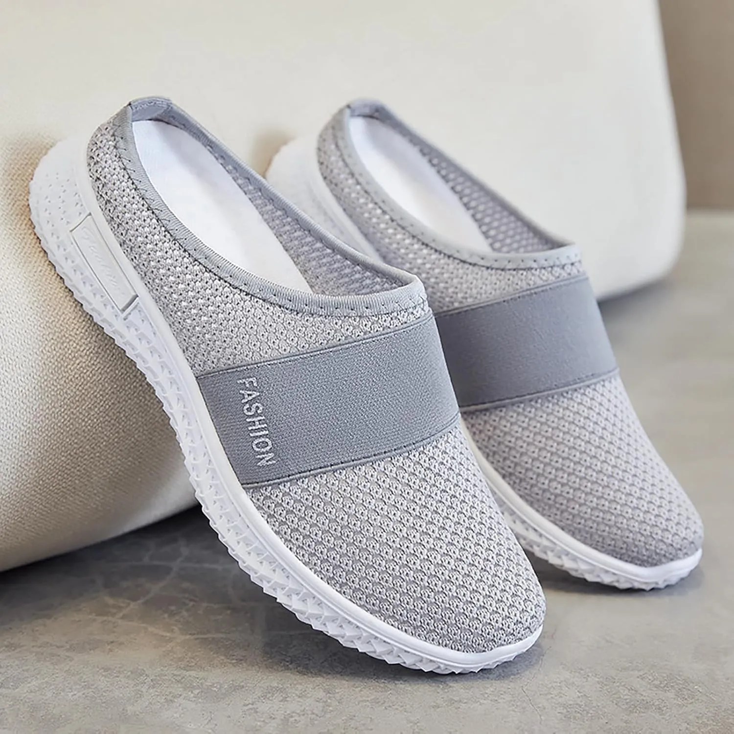 Women's Knitted Mesh Flat Mules Breathable Orthopedic Diabetic Shoes Comfort Backless Walking Sneakers Closed Toe Slip On Slides Soft Soles Non-Slip Mule Shoes with Arch-Support