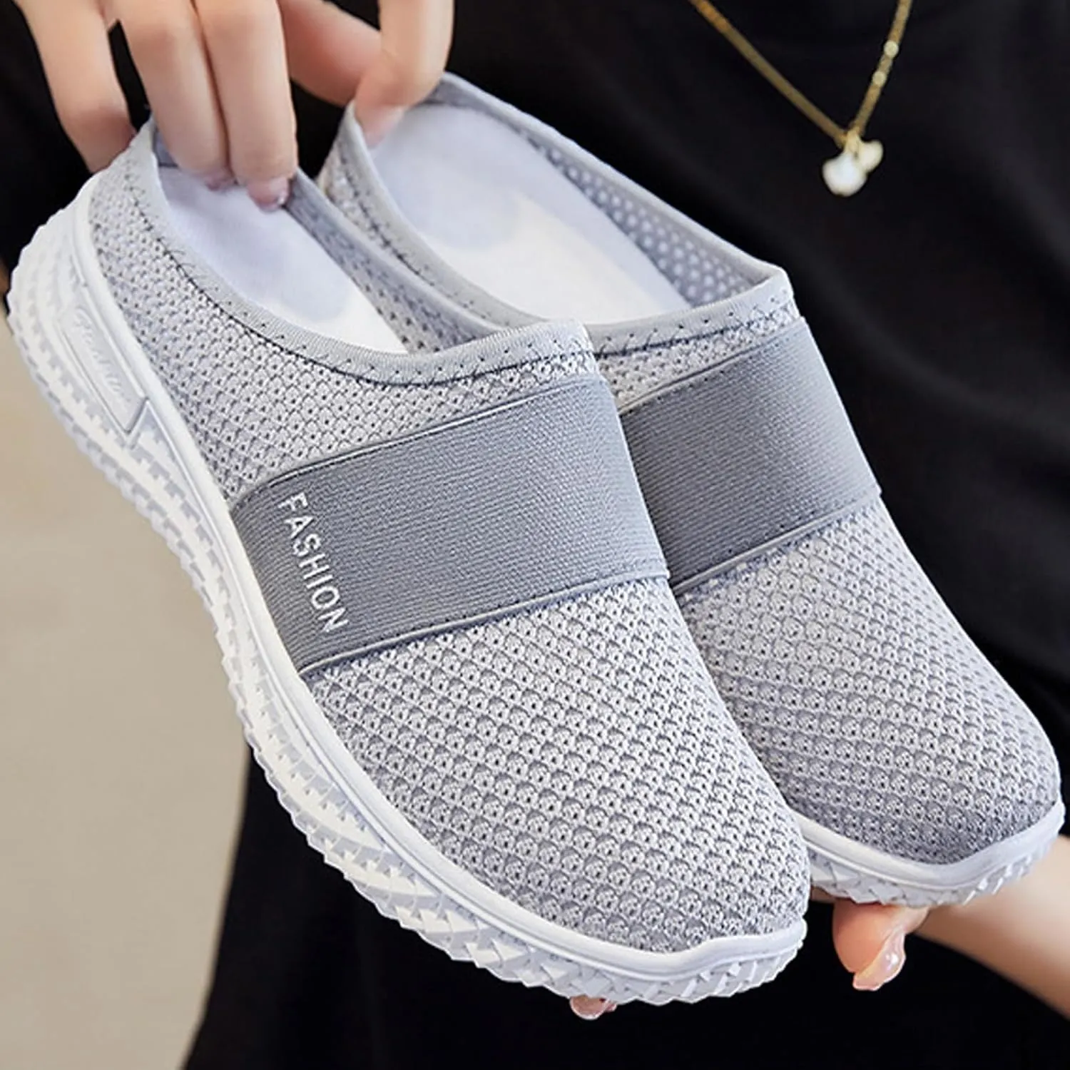 Women's Knitted Mesh Flat Mules Breathable Orthopedic Diabetic Shoes Comfort Backless Walking Sneakers Closed Toe Slip On Slides Soft Soles Non-Slip Mule Shoes with Arch-Support