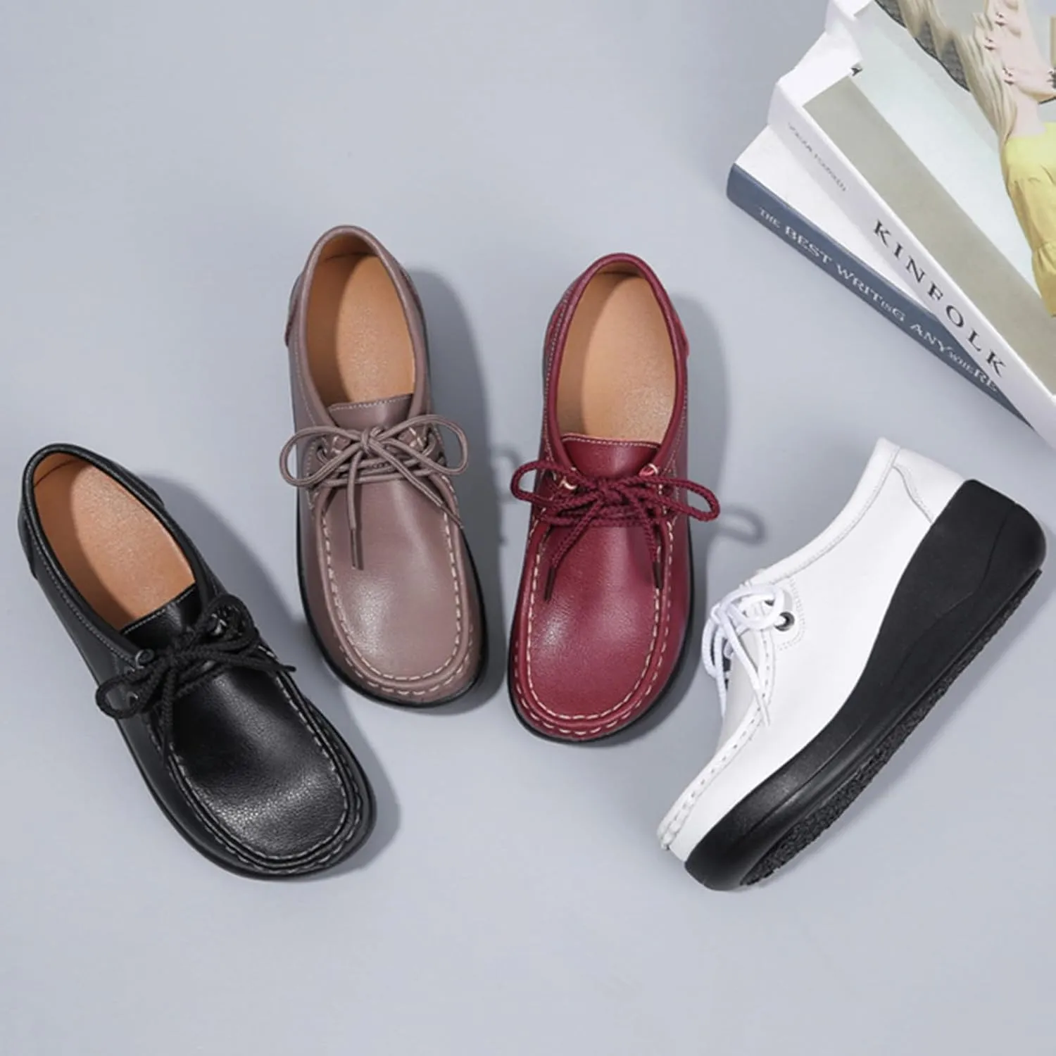 Women's Leather Lace-up Platform Loafers Retro Round-Toe Soft Sole Casual Shoes Comfort Lightweight Walking Shoes
