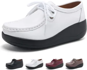 Women's Leather Lace-up Platform Loafers Retro Round-Toe Soft Sole Casual Shoes Comfort Lightweight Walking Shoes