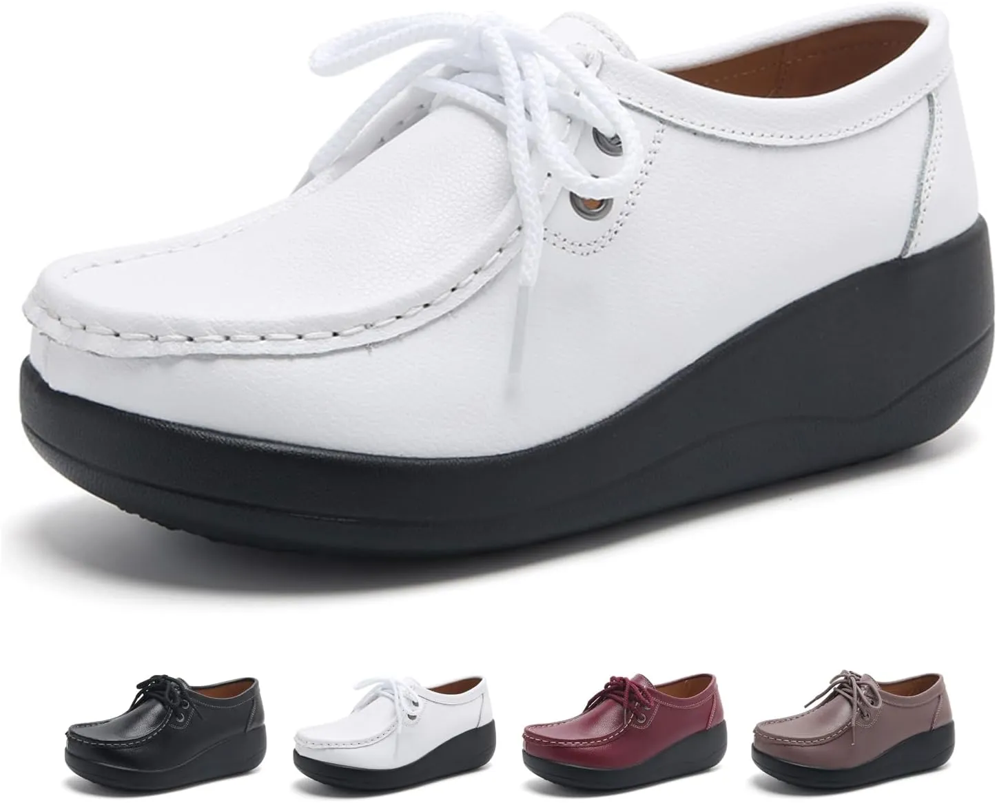 Women's Leather Lace-up Platform Loafers Retro Round-Toe Soft Sole Casual Shoes Comfort Lightweight Walking Shoes