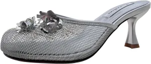 Women's Mesh Mule Slip On Sandals With Floral Sequin Embellishments Round Toe Middle Heel Slides Slippers 2.5 Inch