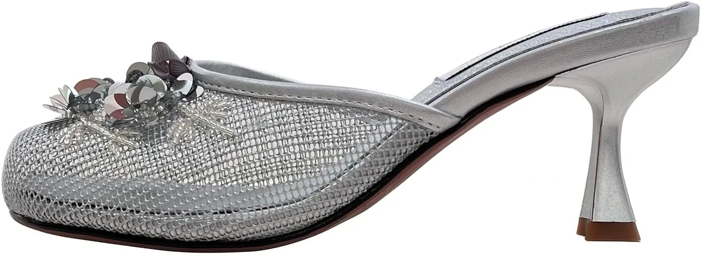Women's Mesh Mule Slip On Sandals With Floral Sequin Embellishments Round Toe Middle Heel Slides Slippers 2.5 Inch
