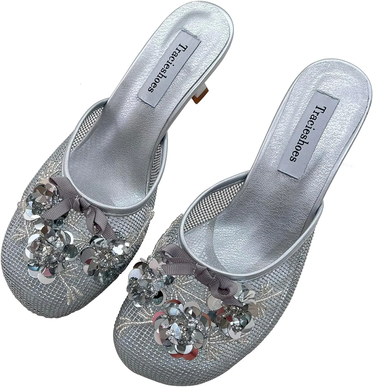 Women's Mesh Mule Slip On Sandals With Floral Sequin Embellishments Round Toe Middle Heel Slides Slippers 2.5 Inch