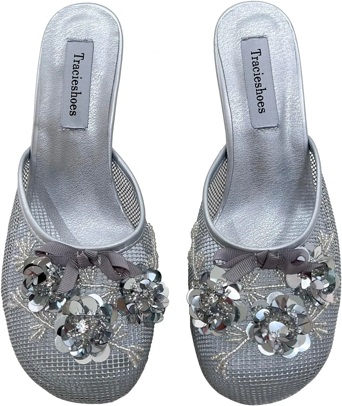 Women's Mesh Mule Slip On Sandals With Floral Sequin Embellishments Round Toe Middle Heel Slides Slippers 2.5 Inch