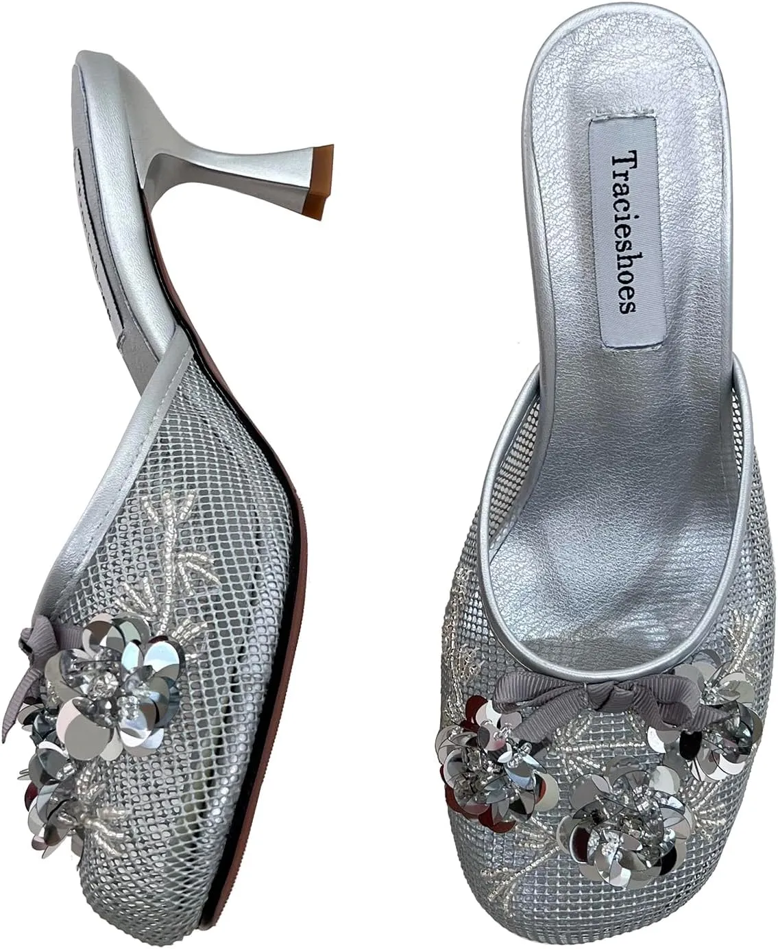 Women's Mesh Mule Slip On Sandals With Floral Sequin Embellishments Round Toe Middle Heel Slides Slippers 2.5 Inch
