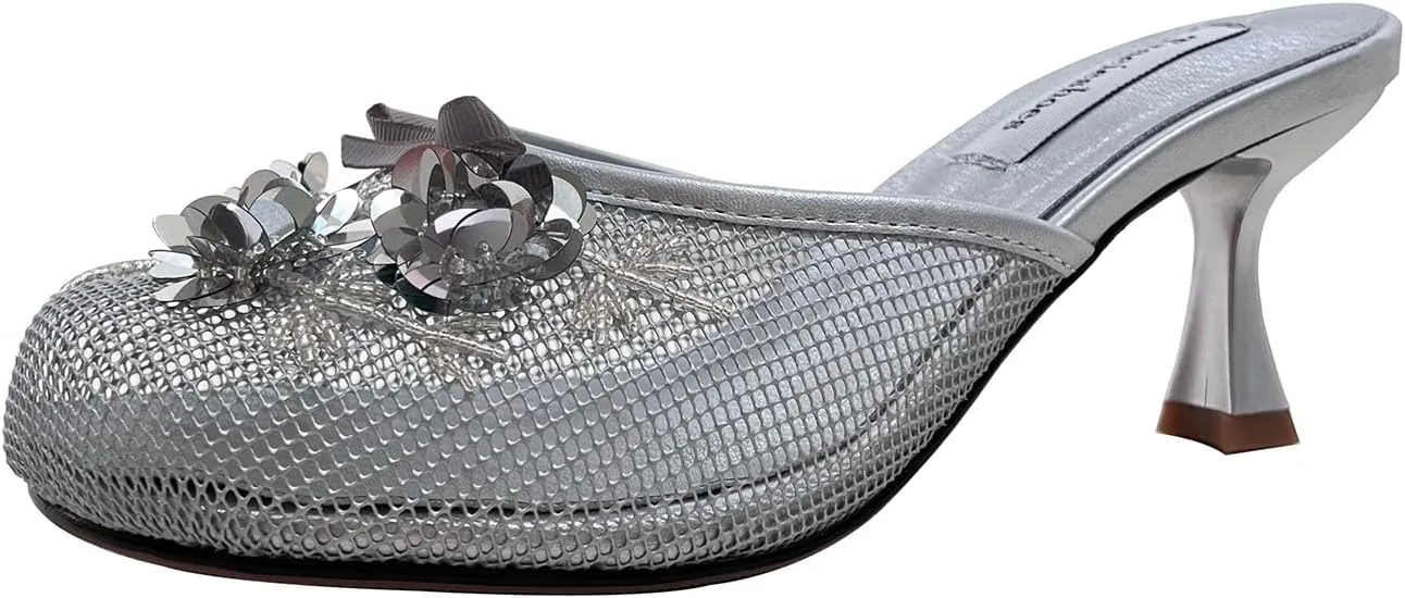 Women's Mesh Mule Slip On Sandals With Floral Sequin Embellishments Round Toe Middle Heel Slides Slippers 2.5 Inch