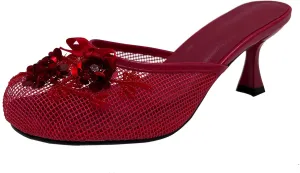 Women's Mesh Mule Slip On Sandals With Floral Sequin Embellishments Round Toe Middle Heel Slides Slippers 2.5 Inch