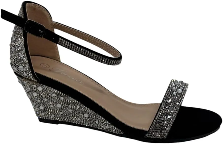 Women's Rhinestone Open Toe Low Wedge ankle strap Sandal