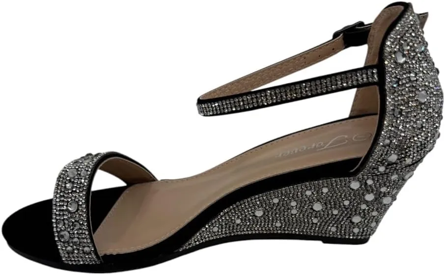 Women's Rhinestone Open Toe Low Wedge ankle strap Sandal