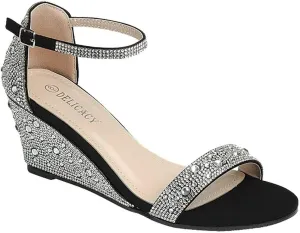 Women's Rhinestone Open Toe Low Wedge ankle strap Sandal