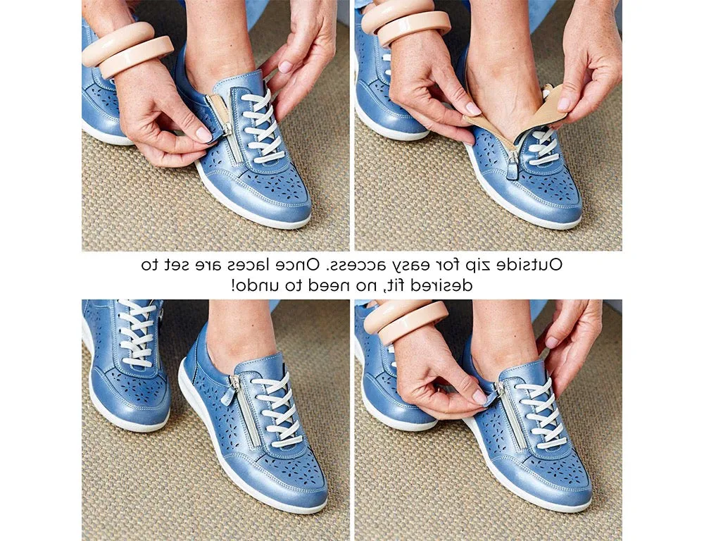Womens Wide Fit Zip Mickie Sky Blue Leather Trainers