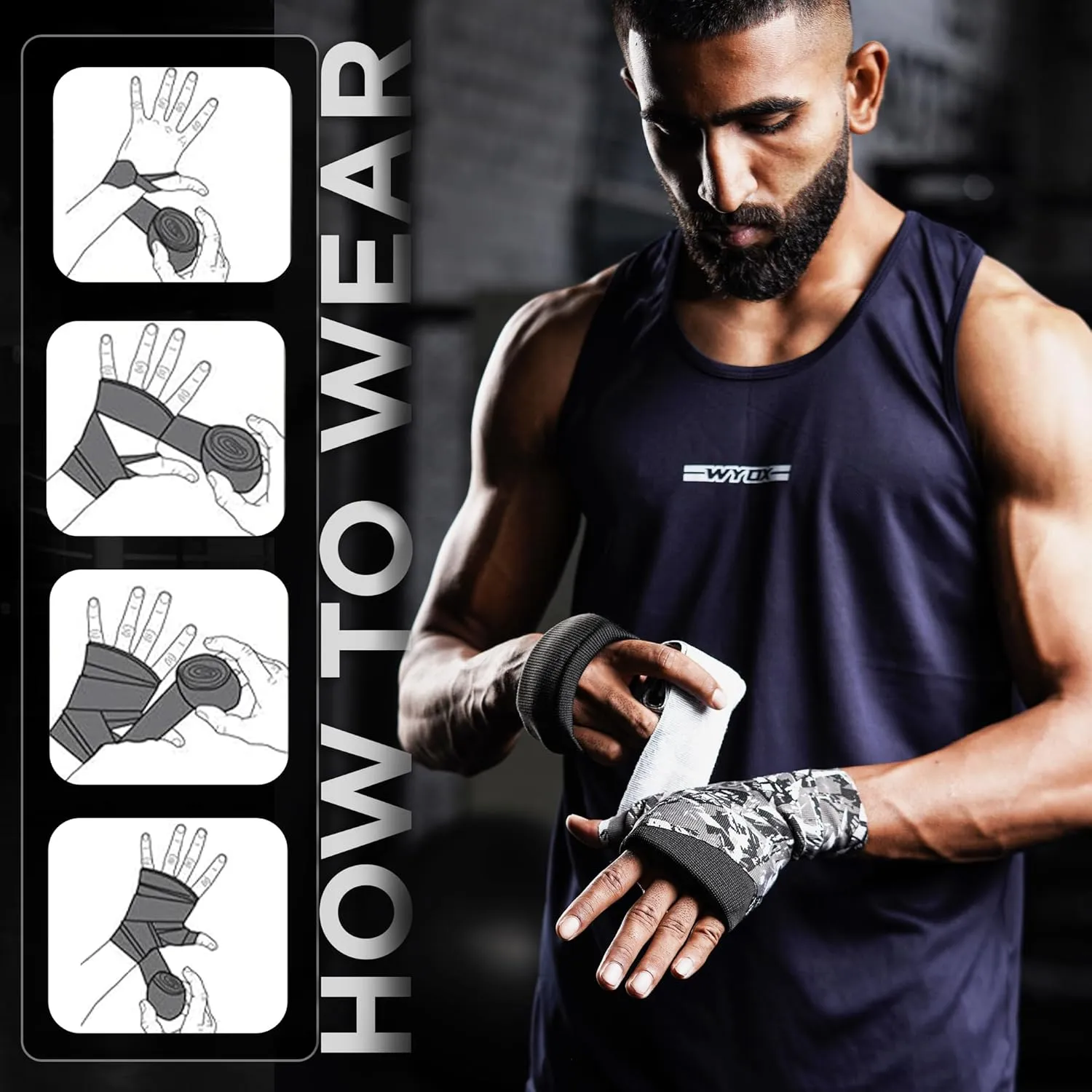 WYOX Boxing Hand Wraps Inner Gloves, Elasticated Thumb Loop Bandages Mexican Style Under Mitts Wrist Wrap Protection Muay Thai MMA Kickboxing Martial Arts Punching Bag Training Men Women