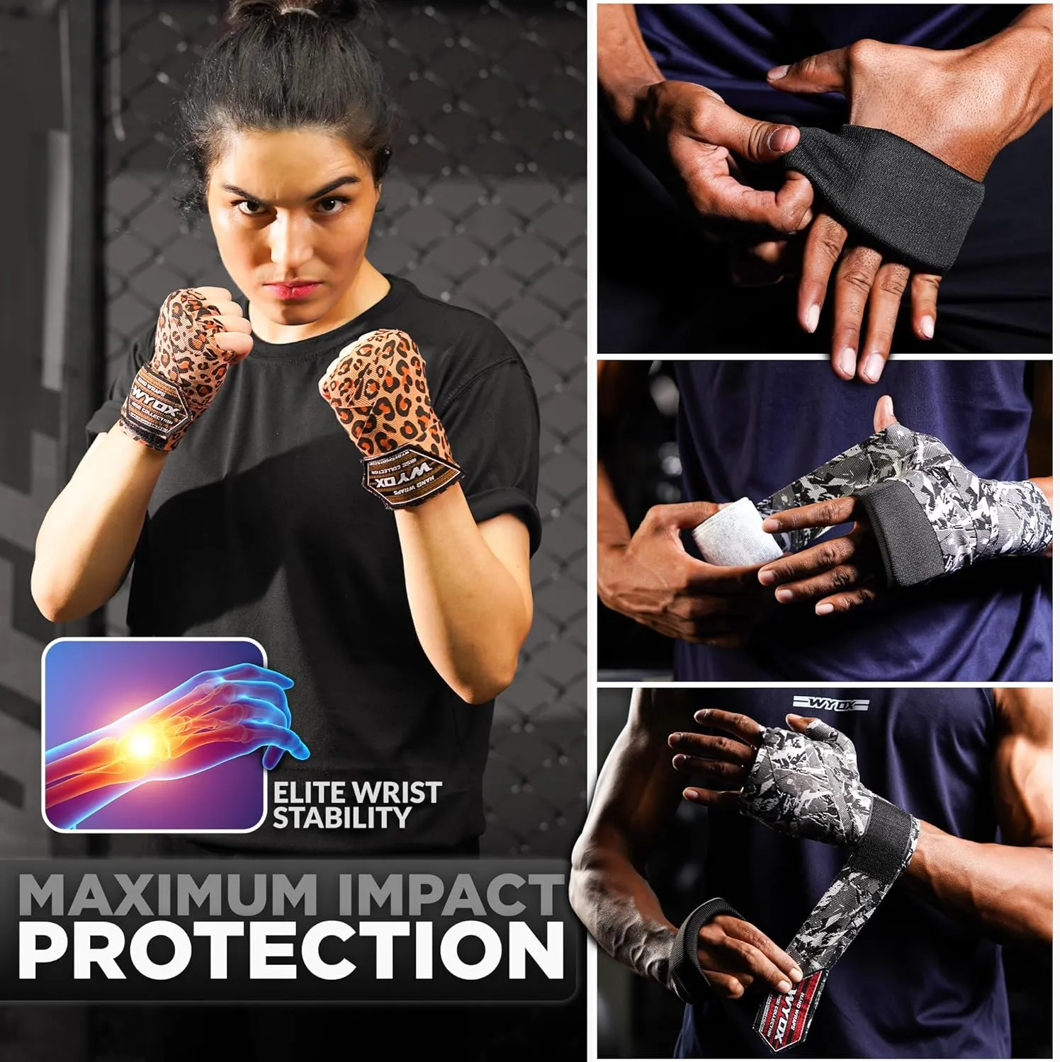 WYOX Boxing Hand Wraps Inner Gloves, Elasticated Thumb Loop Bandages Mexican Style Under Mitts Wrist Wrap Protection Muay Thai MMA Kickboxing Martial Arts Punching Bag Training Men Women