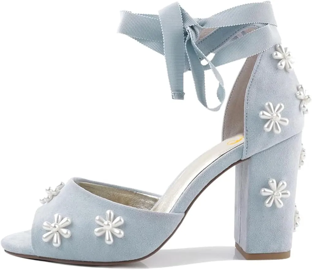 XYD Women Open Toe Sandals with Bloom Pearl Flower Ankle Strap Lace-up Chunky Block Heel Wedding Bridal Shoes