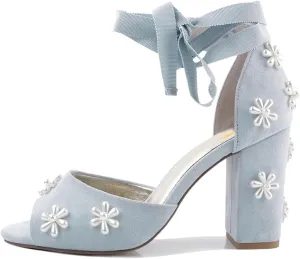 XYD Women Open Toe Sandals with Bloom Pearl Flower Ankle Strap Lace-up Chunky Block Heel Wedding Bridal Shoes