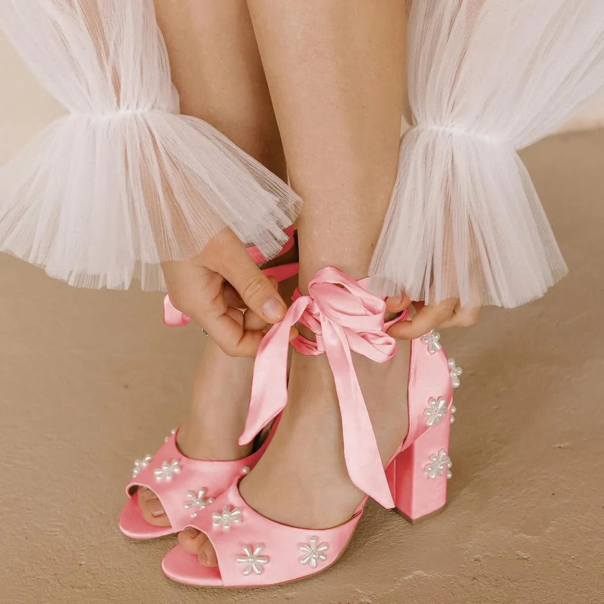 XYD Women Open Toe Sandals with Bloom Pearl Flower Ankle Strap Lace-up Chunky Block Heel Wedding Bridal Shoes