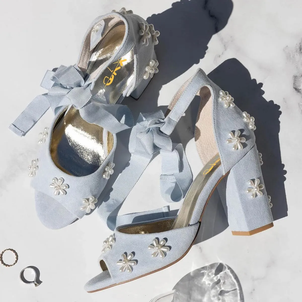XYD Women Open Toe Sandals with Bloom Pearl Flower Ankle Strap Lace-up Chunky Block Heel Wedding Bridal Shoes