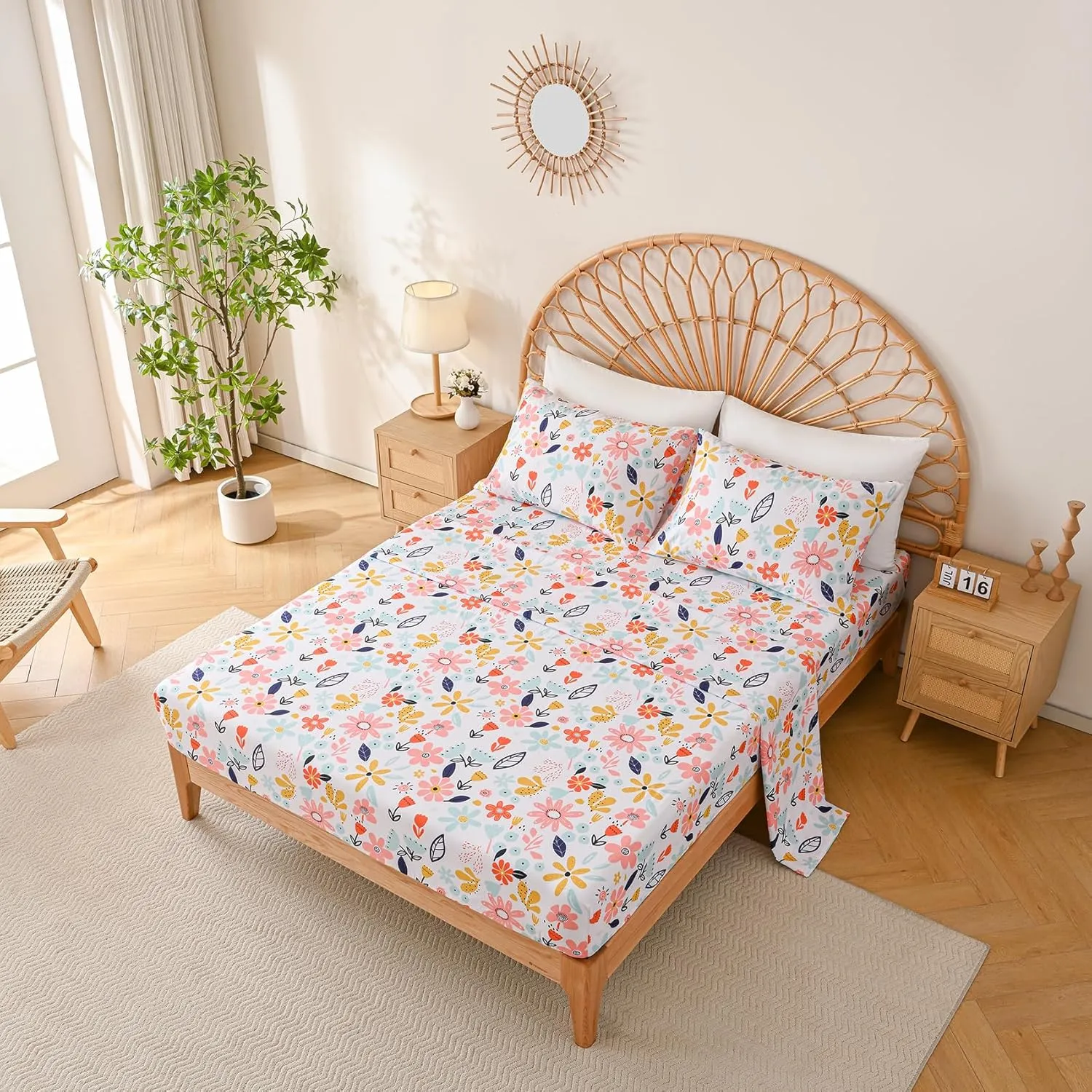 Yibeizi Floral Sheet Set for Girls Twin, Kids Cute Print Bedsheets Microfiber Deep Pocket Flower Patterned Bed Sheet & Pillowcase Sets 3 Pieces