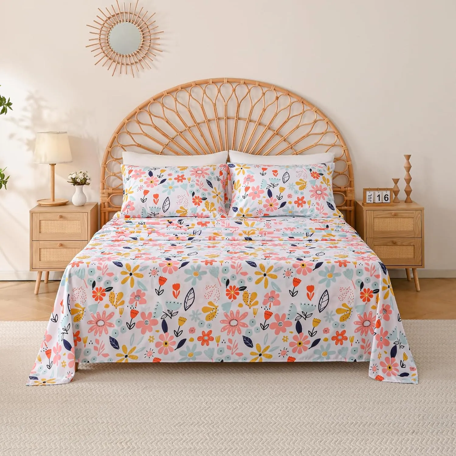 Yibeizi Floral Sheet Set for Girls Twin, Kids Cute Print Bedsheets Microfiber Deep Pocket Flower Patterned Bed Sheet & Pillowcase Sets 3 Pieces