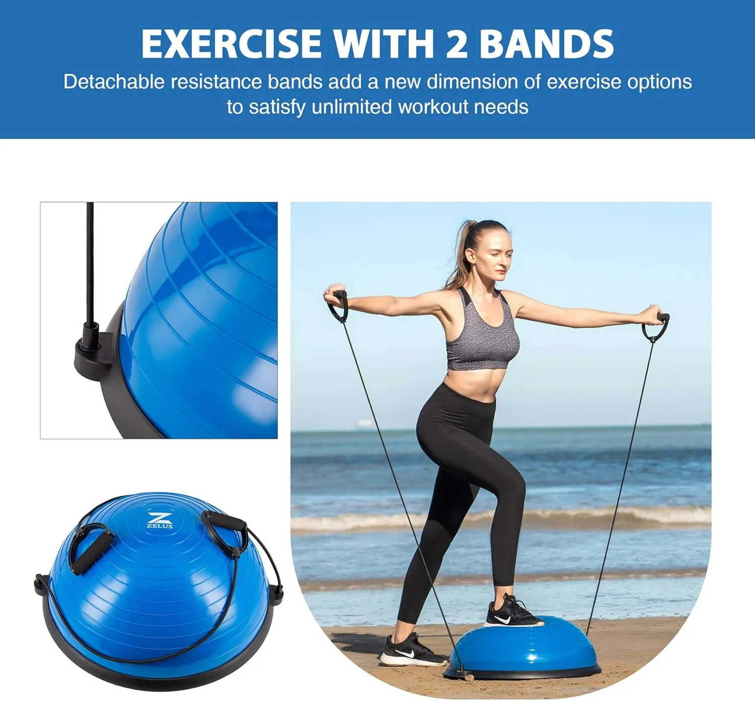 ZELUS Balance Ball Trainer with Resistance Bands and Foot Pump, Inflatable Yoga Ball for Home Gym Workouts, 23 Inch Exercise Half Ball for Balance Training Core Strength Fitness More, 330lb Cap
